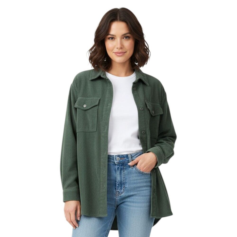 Kensie Green Ribbed Corduroy Snap Button Oversized Long Sleeve Shacket Utility